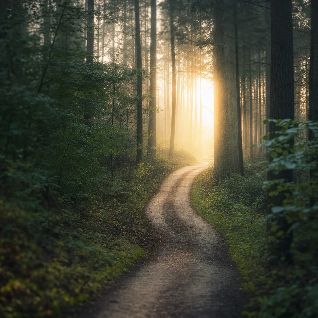 Ein verschlungener Waldweg im Morgennebel mit goldenem Licht am Horizont